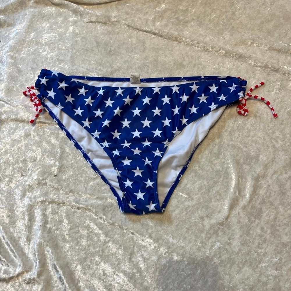 Star Print Blue Bikini Bottoms with Red Tie Accents